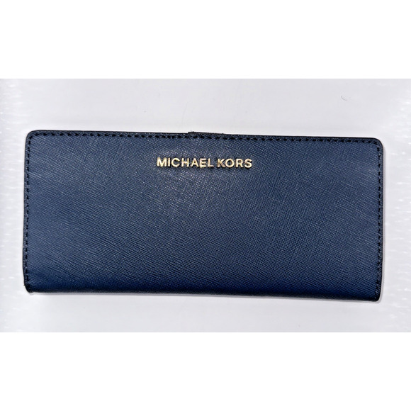 MICHAEL KORS Jet Set Travel Crossgrain Leather Wallet Navy Blue Continental Snap - Picture 1 of 8